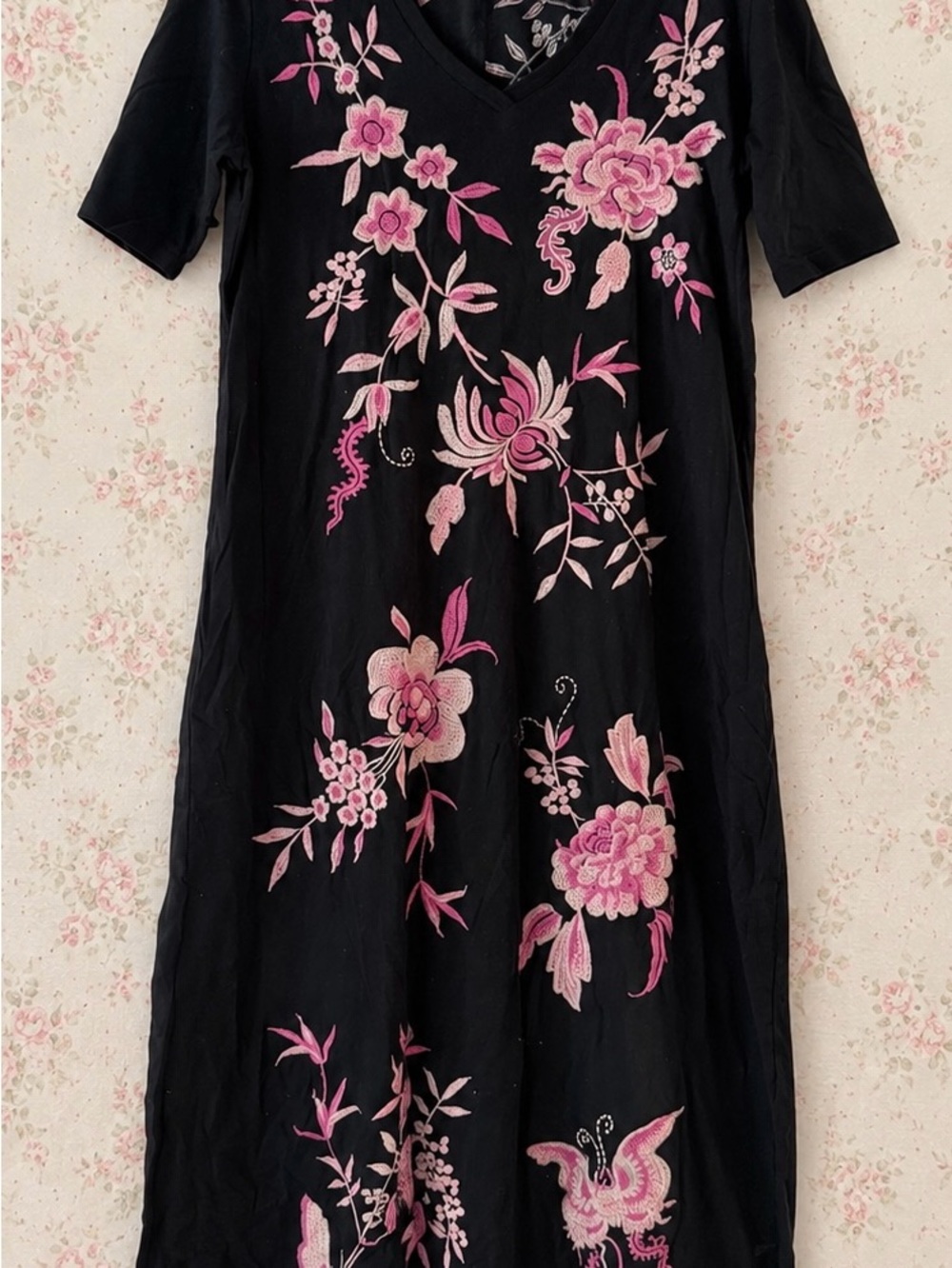 Black V-Neck Maxi Dress with Pink Floral Embroidery